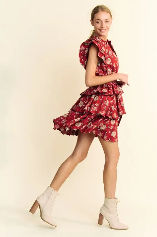 Davi & Dani Ruffle Flutter Sleeve Tie Belt Tiered Mini Dress - Makw Official Site