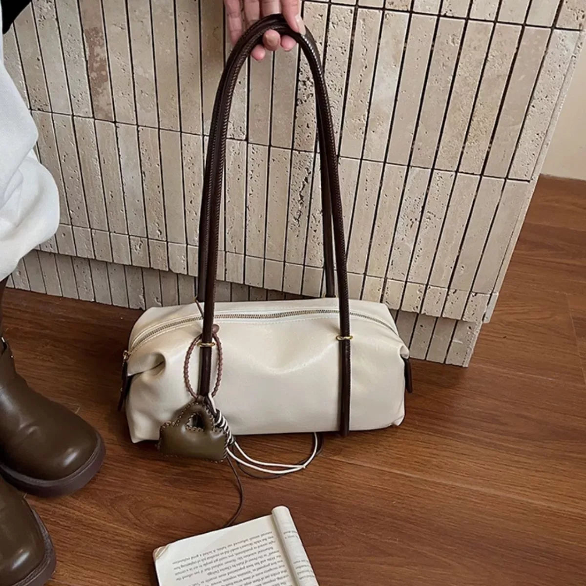 Leather Shoulder Bag with Charm - Makw Official Site