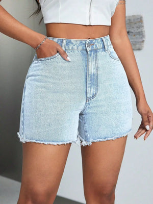 High-Waisted Raw Hem Denim Shorts - Makw Official Site