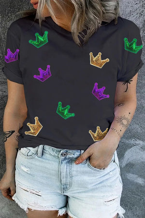 Plus Size Sequin Crown Print Round Neck T-Shirt - Makw Official Site