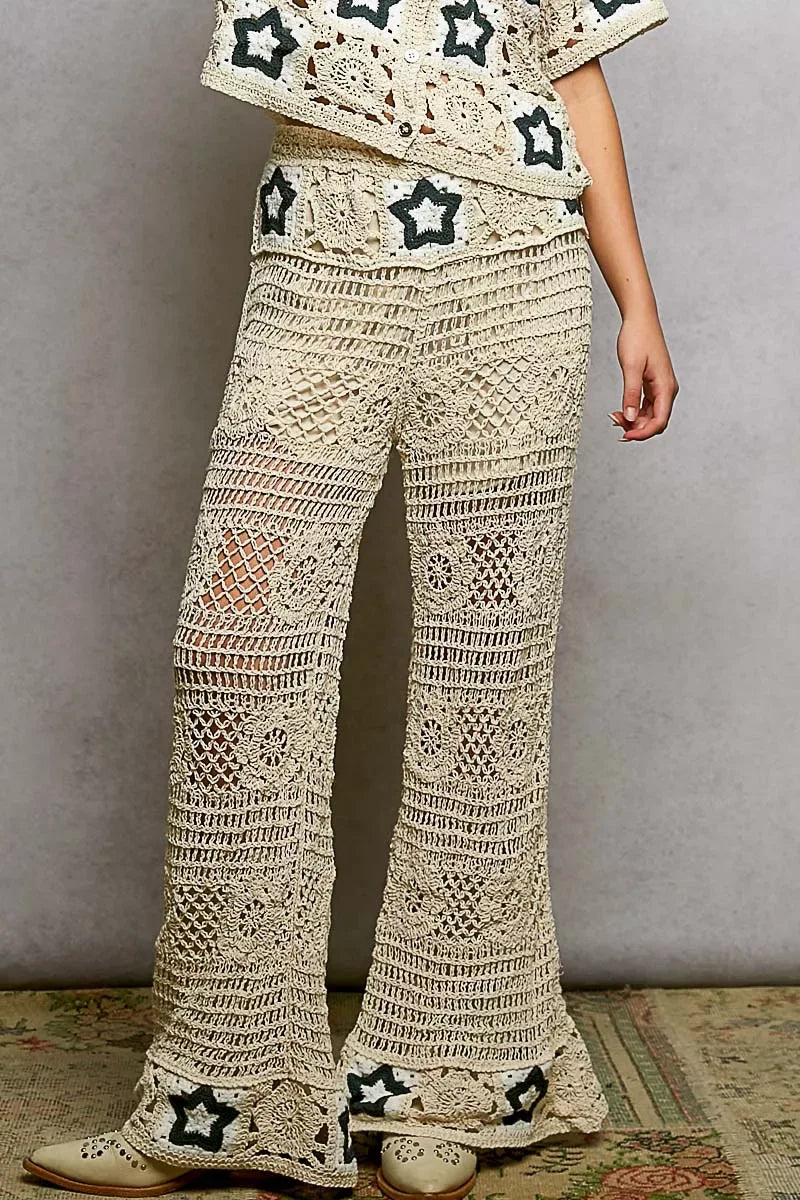 POL Openwork Crochet Flare Pants with Contrast Star - Makw Official Site