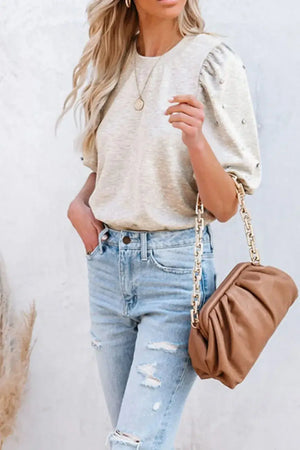 Rhinestone Pearl Detail Round Neck Puff Sleeve Top - Makw Official Site