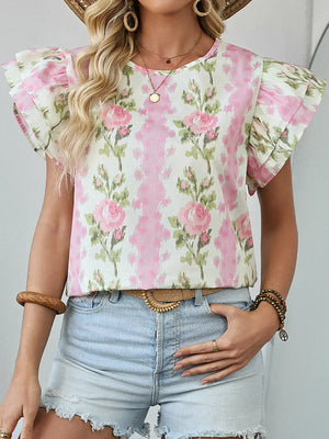 Floral Print Ruffled Sleeve Blouse - Makw Official Site