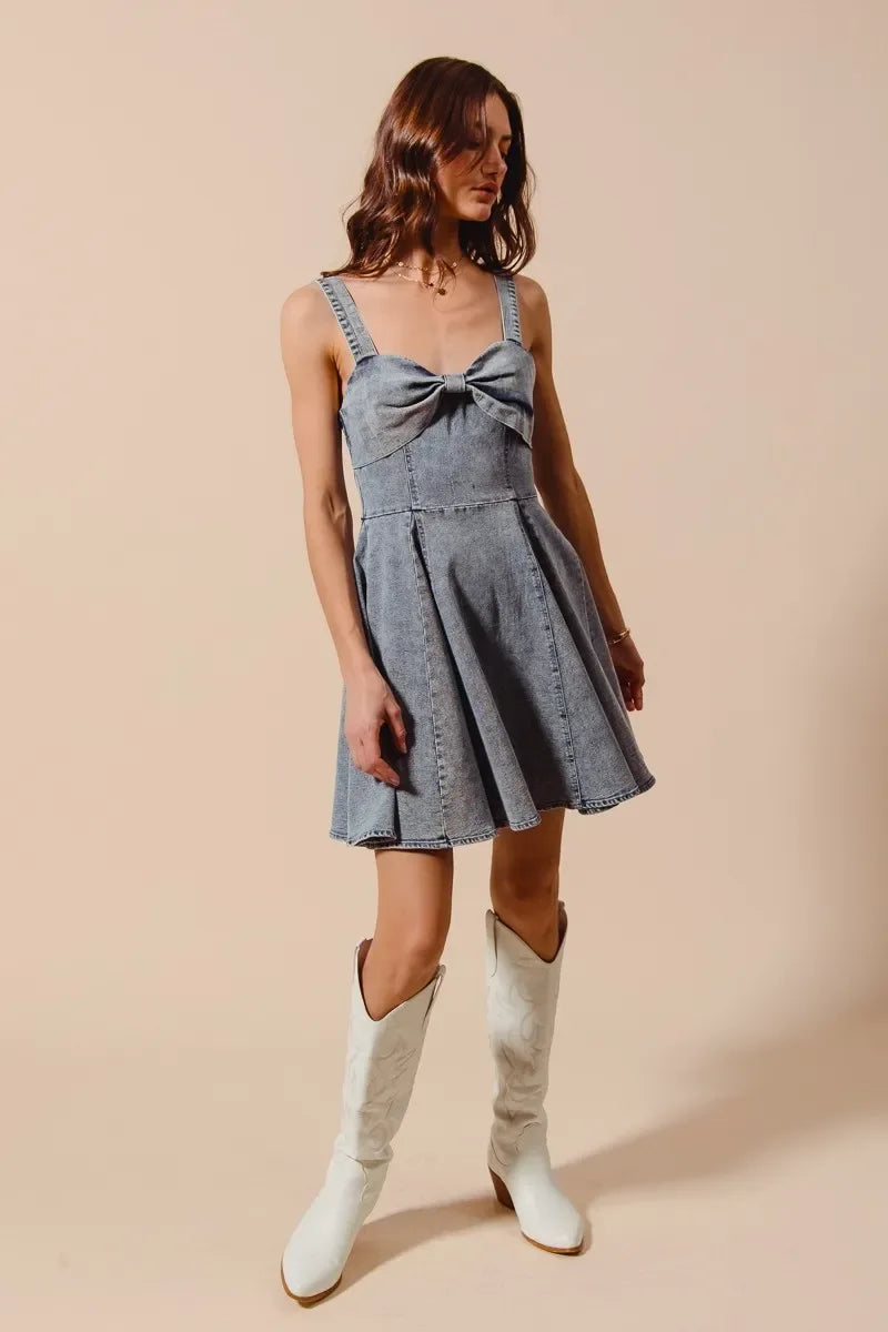 SO ME Mineral Washed Bow Ribbon Denim Flare Dress - Makw Official Site