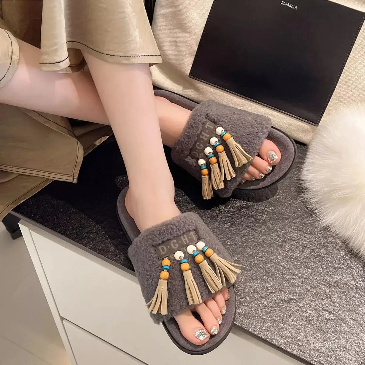 Tassel Open Toe Slippers - Makw Official Site