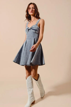 SO ME Mineral Washed Bow Ribbon Denim Flare Dress - Makw Official Site