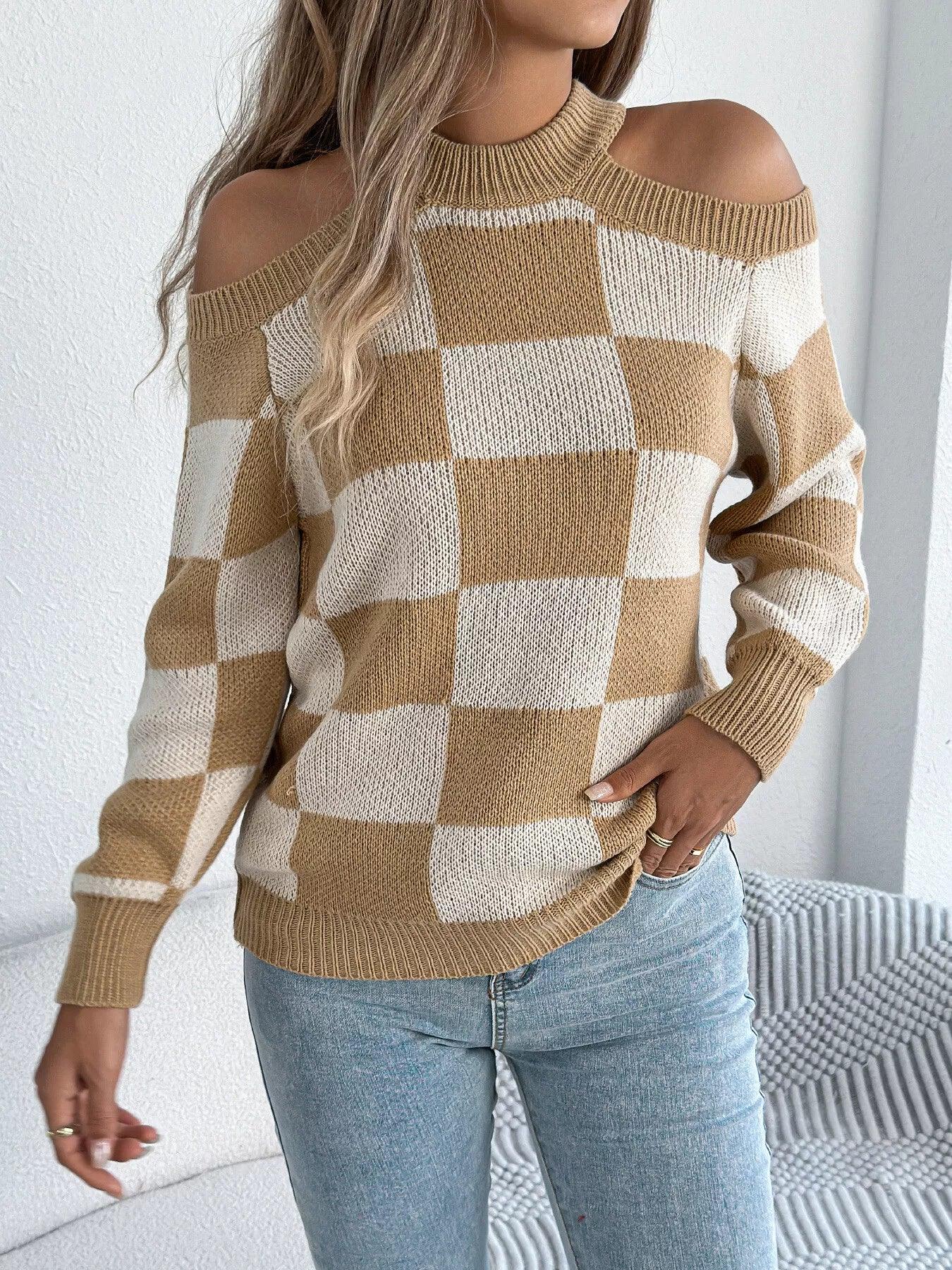 Cold Shoulder Checkered Long Sleeve Sweater - Makw Official Site
