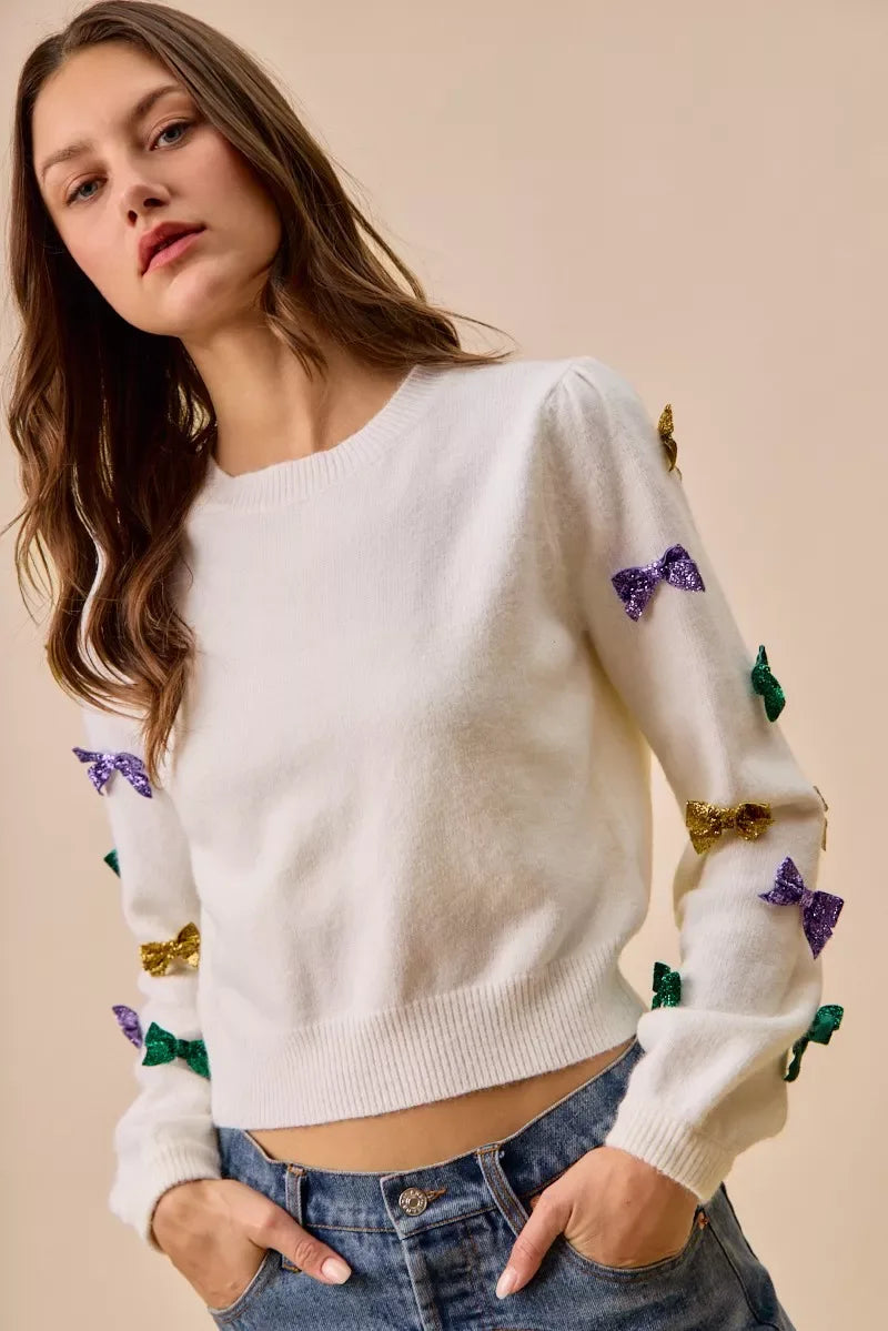 SO ME Mardi Gras Glitter Bow Ribbon Sweater Knit Top - Makw Official Site