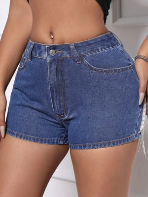 Fringe Back Denim Shorts with Pockets - Makw Official Site
