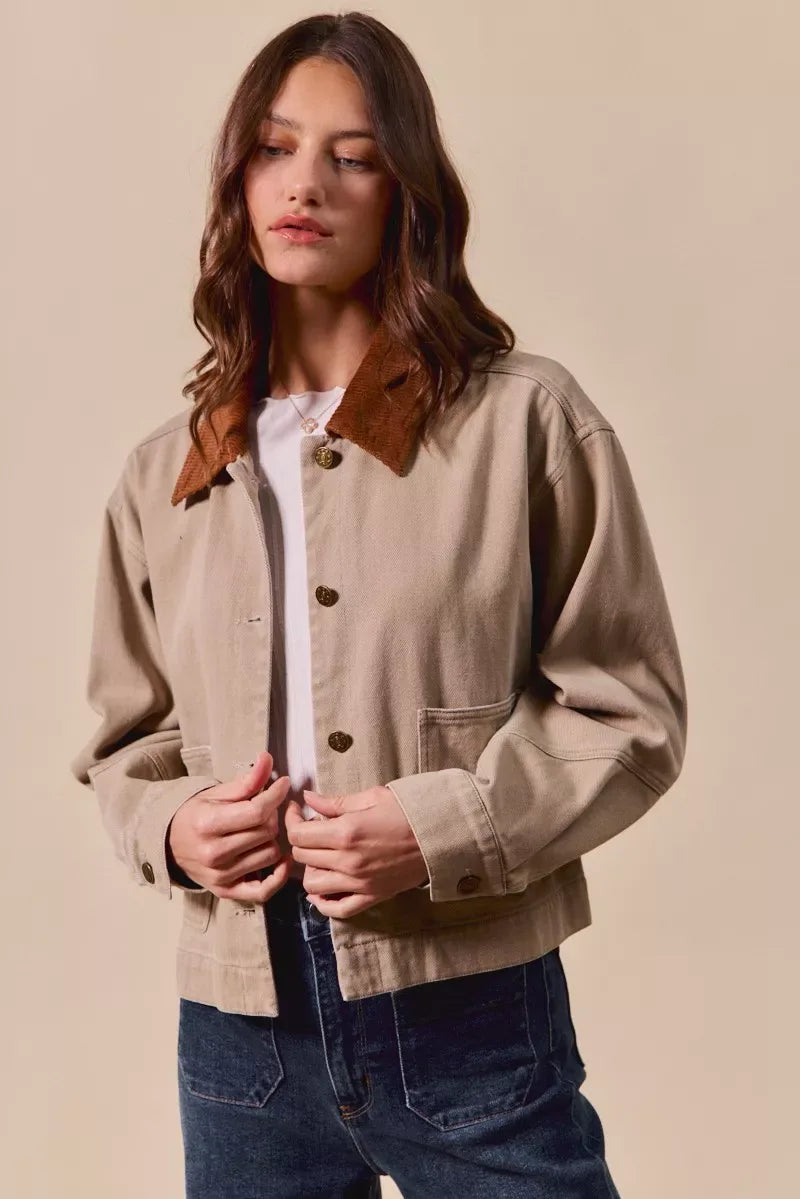 SO ME Cotton Twill Cropped Barn Jacket wtih Collar - Makw Official Site