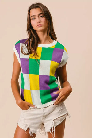 BiBi Mardi Gras Checker Pattern Sleeveless Sweater Top - Makw Official Site