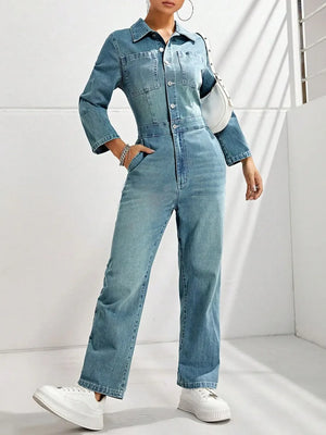 Half Button Long Sleeve Straight Leg Denim Jumpsuit - Makw Official Site