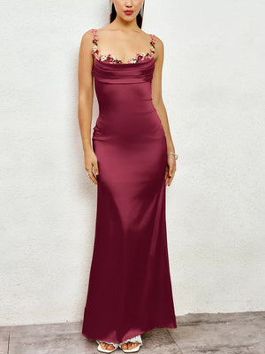Floral Trim Satin Maxi Dress - Makw Official Site