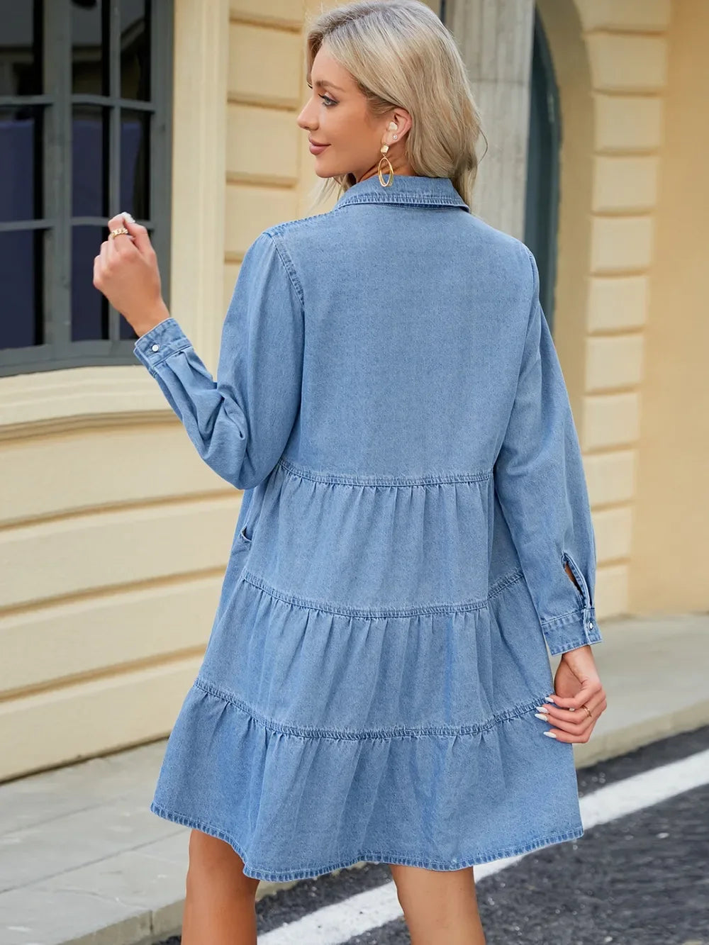 Tiered Button Up Long Sleeve Denim Dress - Makw Official Site