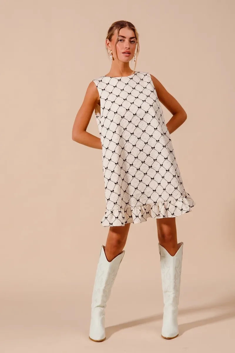 SO ME Texture Bow Printed Mini Ruffle Dress - Makw Official Site
