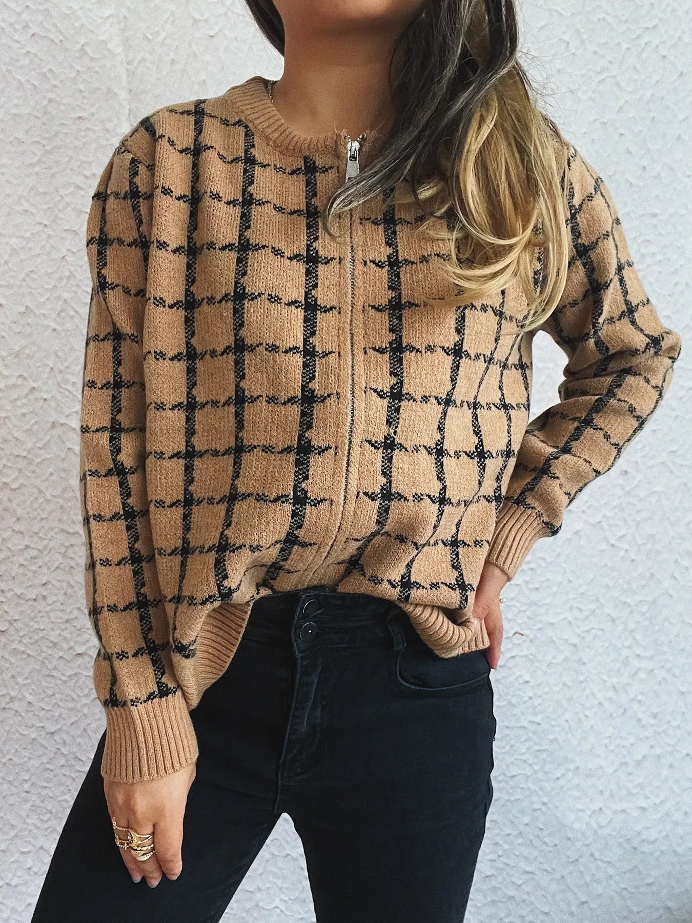 Plaid Pattern Zip Up Cardigan - Makw Official Site