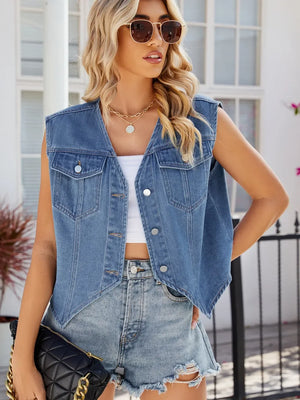 Pocketed Button Up Sleeveless Denim Jacket - Makw Official Site
