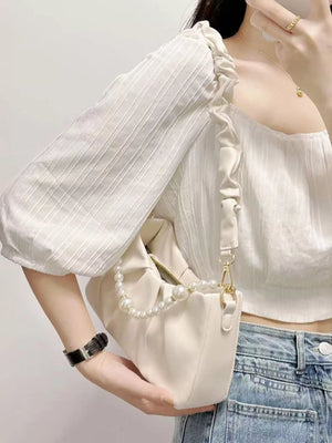 Pearl Embellished Ruched Shoulder Bag - Makw Official Site