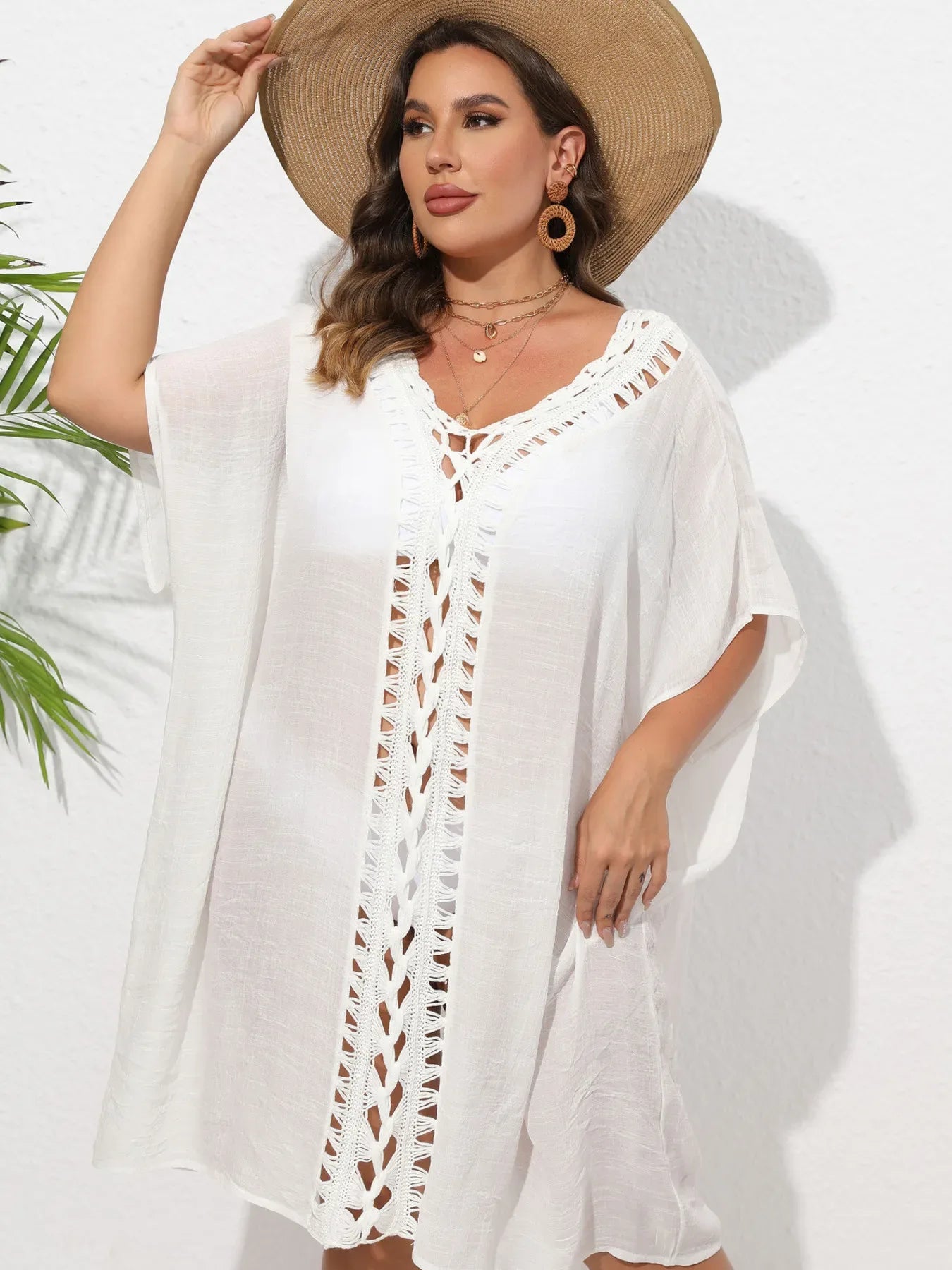 Crochet Trim V-Neck Beach Cover Up Dress - Makw Official Site