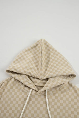 Checkered Print Kangaroo Pocket Drawstring Hoodie - Makw Official Site
