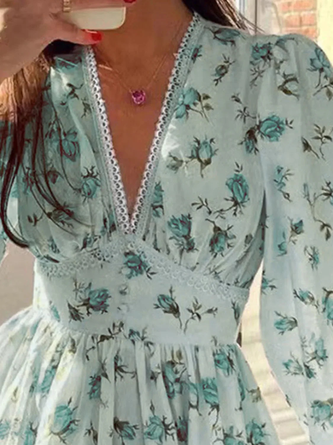 Lace Detail V-Neck Balloon Sleeve Dress - Makw Official Site