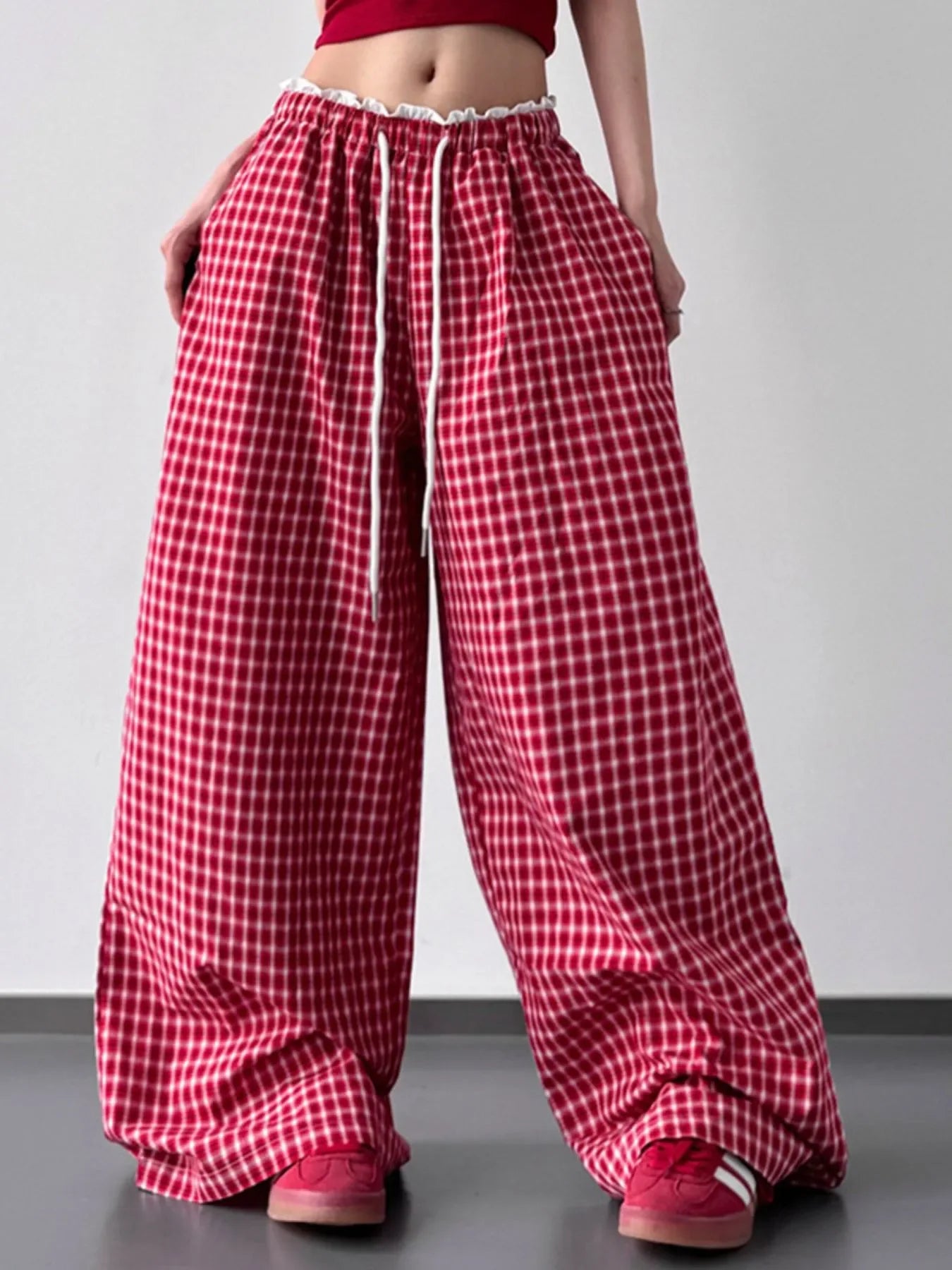 Drawstring Plaid Wide Leg Pants - Makw Official Site