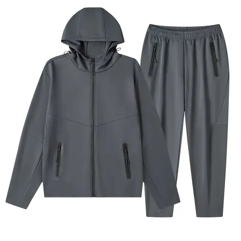 Men's Plus Size Drawstring Zip Up Hooded Top and Pants Set - Makw Official Site