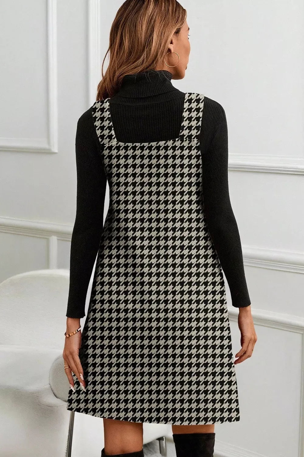 Houndstooth V-Neck Sleeveless Mini Dress - Makw Official Site