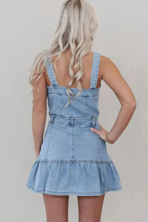 Ruffled Hem Button Front Square Neck Denim Dress - Makw Official Site