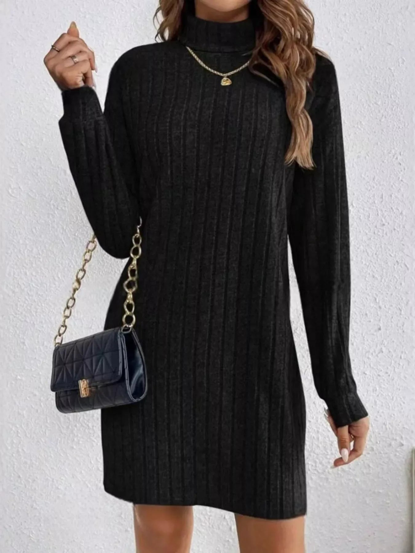 Ribbed Knit Turtleneck Mini Dress - Makw Official Site
