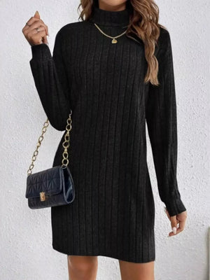 Ribbed Knit Turtleneck Mini Dress - Makw Official Site