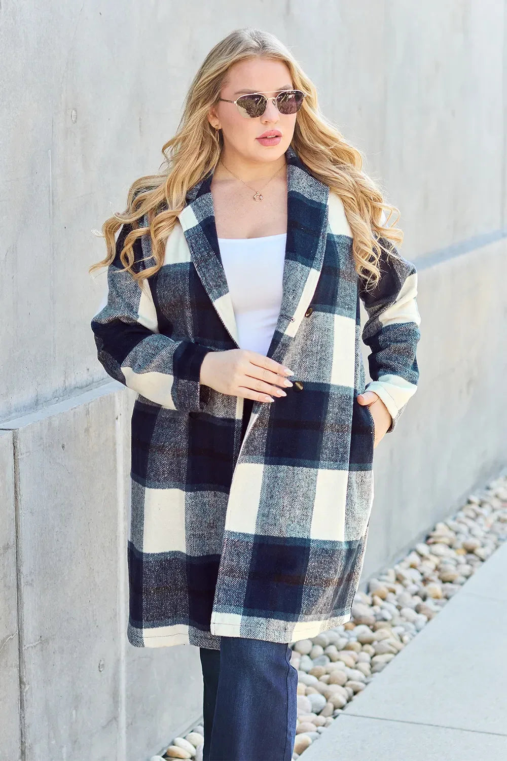 Double Take Full Size Plaid Button Up Lapel Collar Coat - Makw Official Site