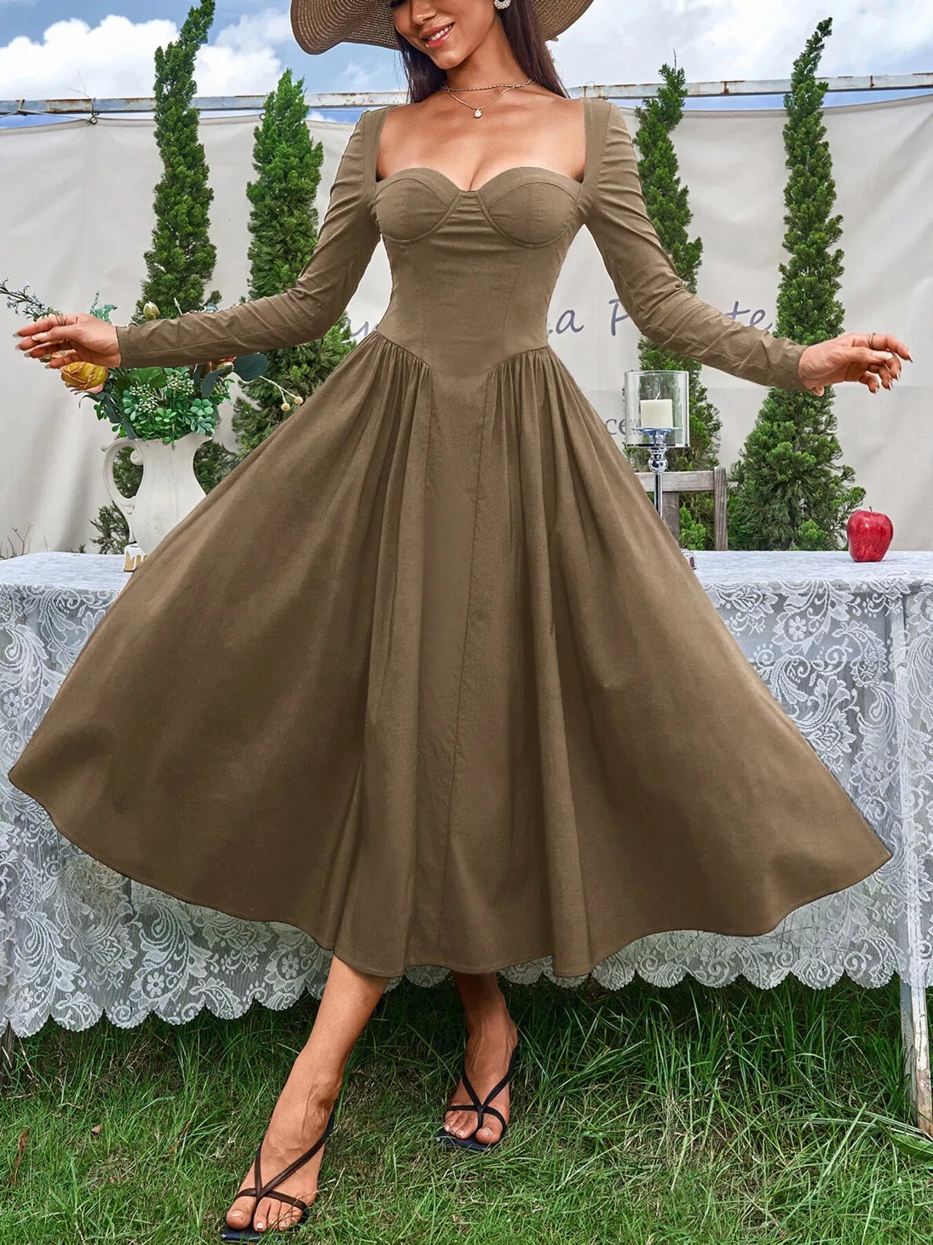 Sweetheart Neckline Long Sleeve A-Line Midi Dress - Makw Official Site