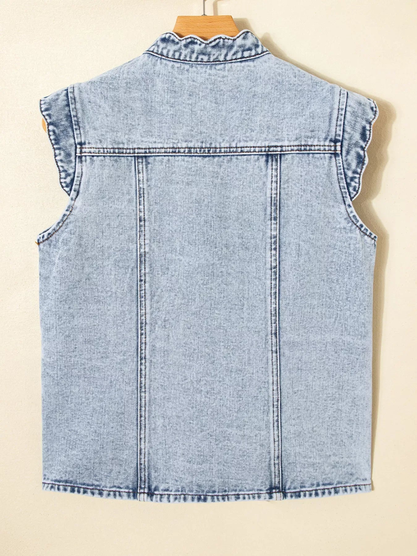 Scalloped Trim Patch Pocket Button Front Denim Vest - Makw Official Site