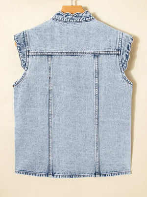 Scalloped Trim Patch Pocket Button Front Denim Vest - Makw Official Site