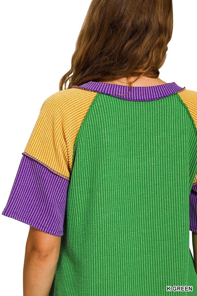 Zenana Mardi Gras Raised Rib Color Block Top - Makw Official Site