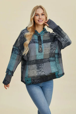Double Take Full Size Plaid Dropped Shoulder Fleece Hoodie - Makw Official Site