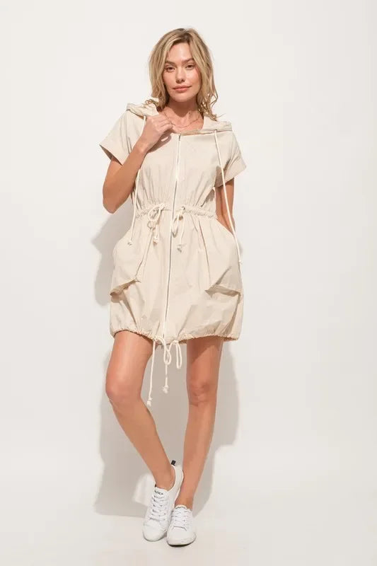 And The Why Short Sleeve String Details Hooded Mini Dress - Makw Official Site