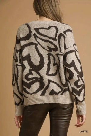 Umgee Heart Print Crew Neck Sweater - Makw Official Site