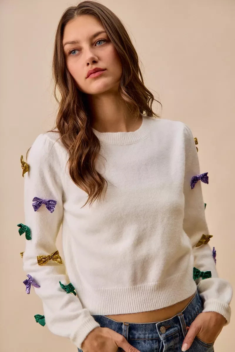 SO ME Mardi Gras Glitter Bow Ribbon Sweater Knit Top - Makw Official Site