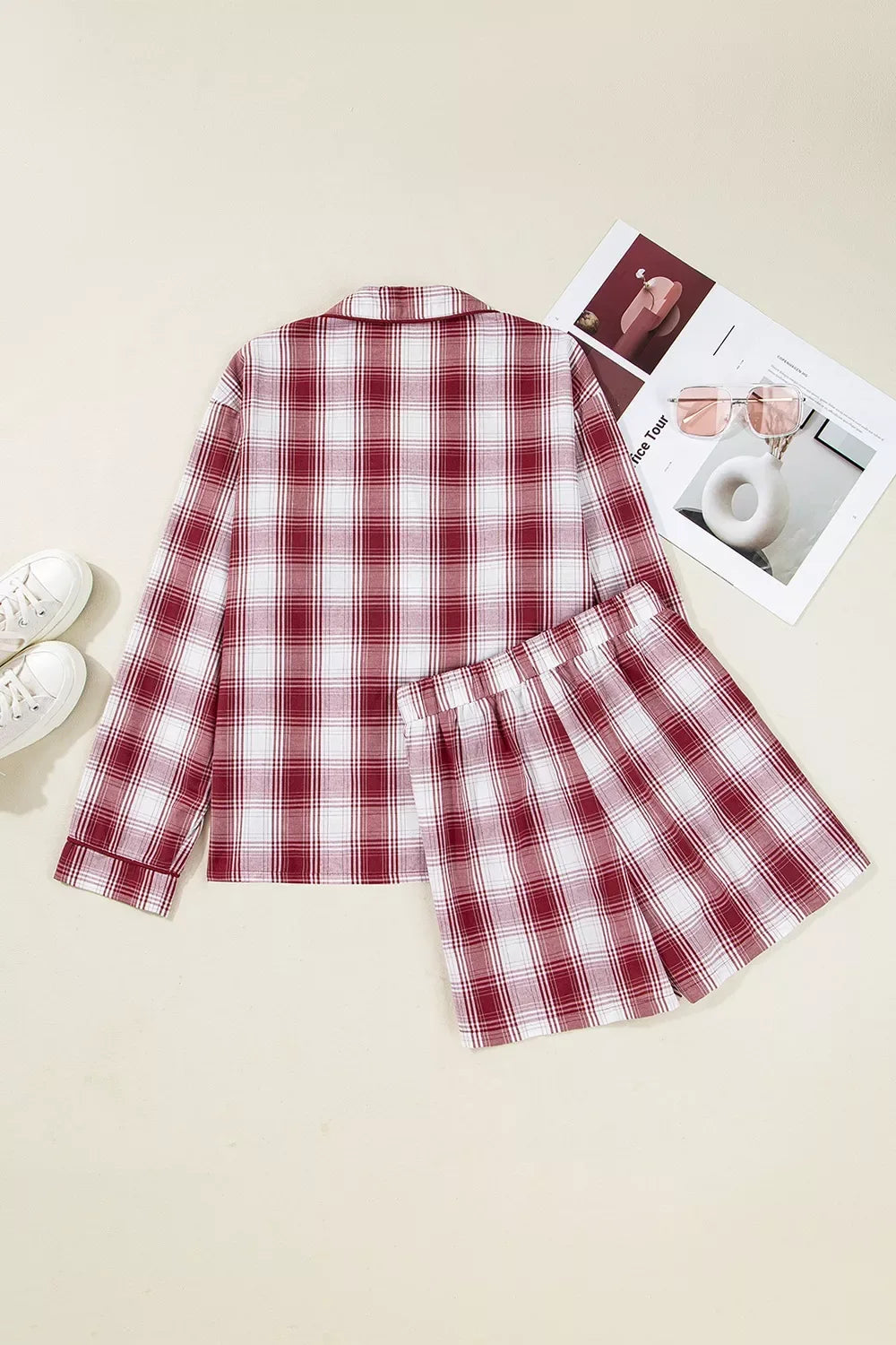Plaid Long Sleeve Shirt and Drawstring Shorts Lounge Set - Makw Official Site