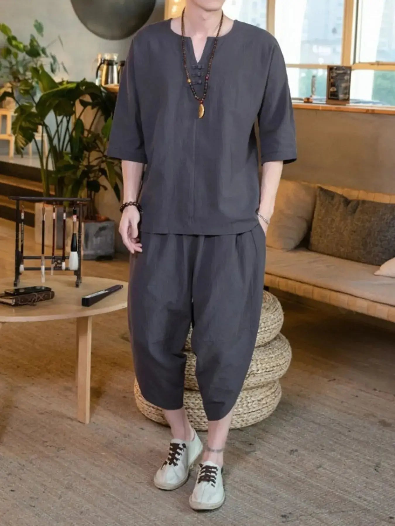 Men's Plus Size Notched Half Sleeve Top and Cropped Pants Set - Makw Official Site