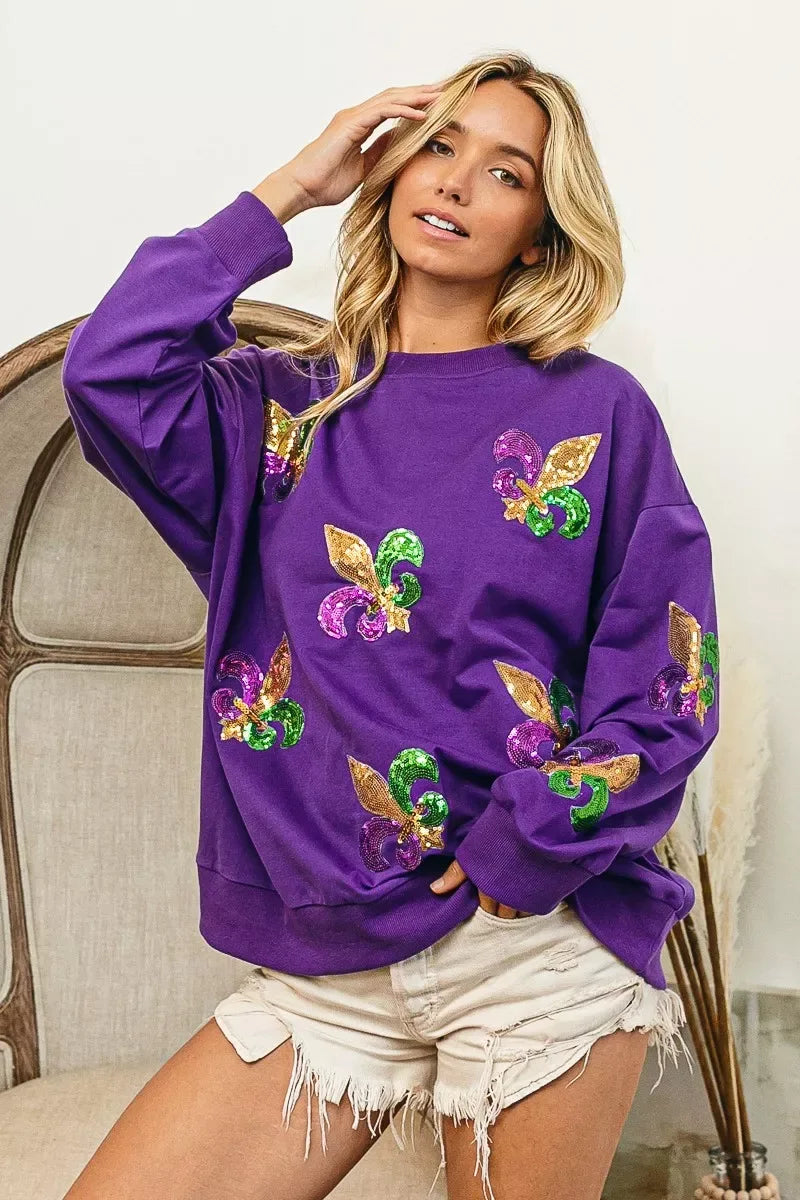 BiBi Fleur De Lis Sequin Patches Mardi Gras Sweatshirt - Makw Official Site