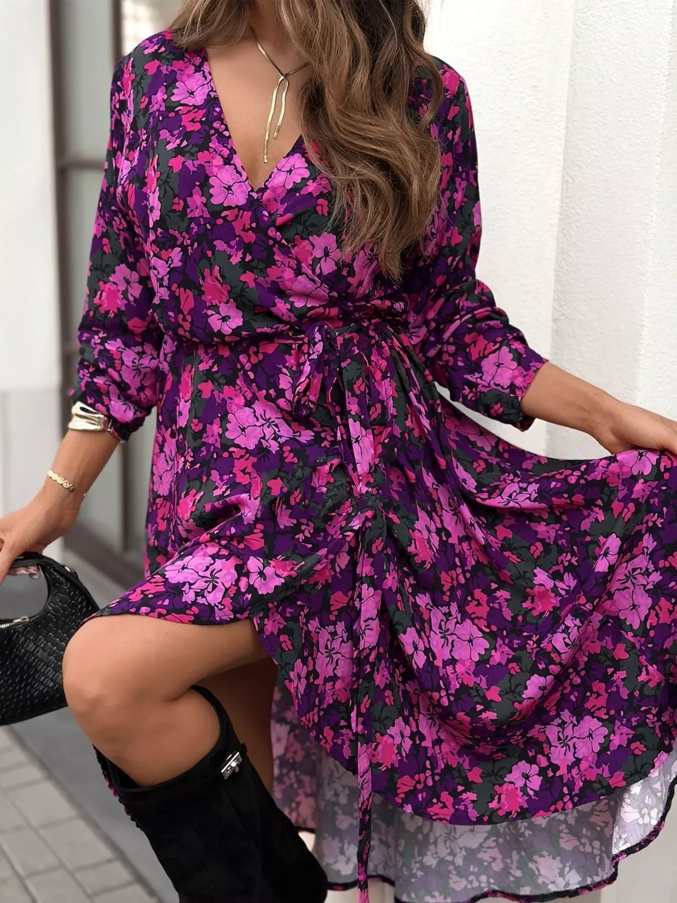 Floral Print Long Sleeve Midi Dress - Makw Official Site