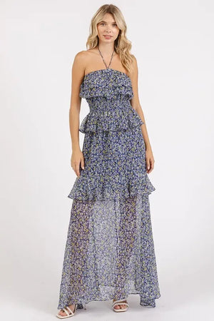 Mittoshop Ruffled Smocked Floral Halter Neck Maxi Dress - Makw Official Site