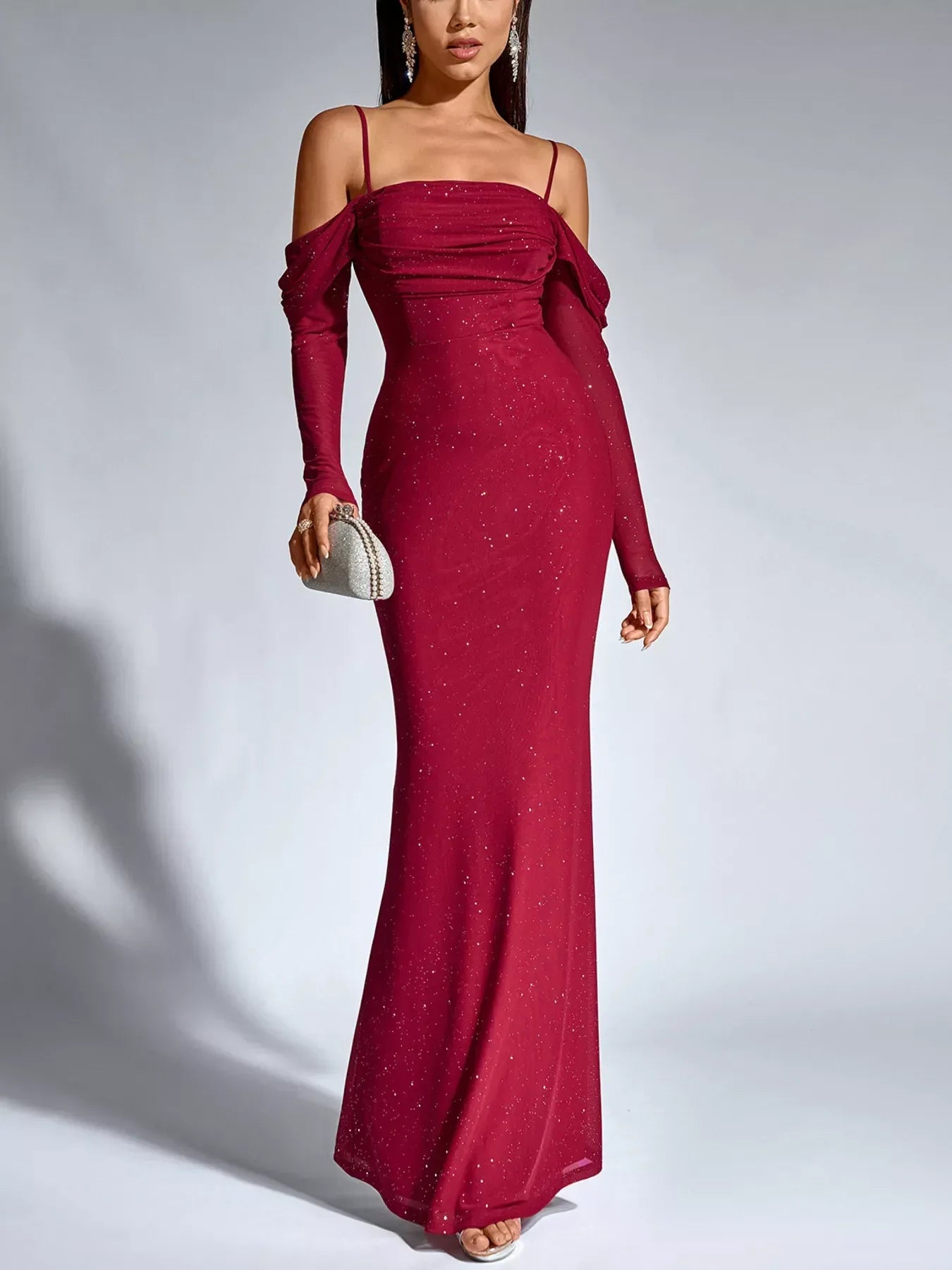 Glitter Ruched Long Sleeve Mermaid Maxi Dress - Makw Official Site