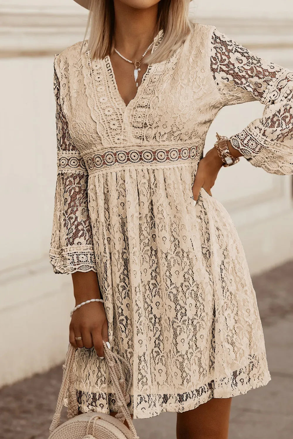 Lace V-Neck Three-Quarter Sleeve Dress - Makw Official Site