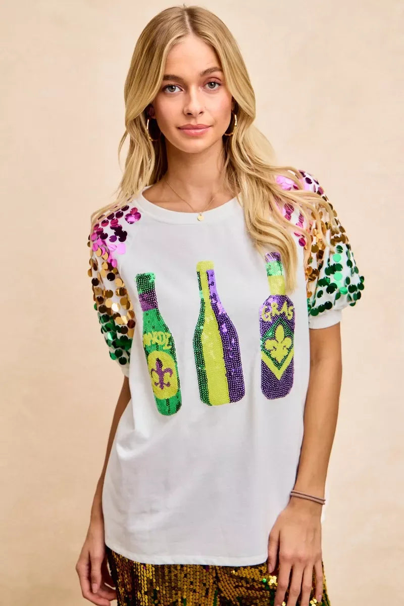 BiBi Sequin Mardi Gras Bottles Spangled Sleeve Top - Makw Official Site