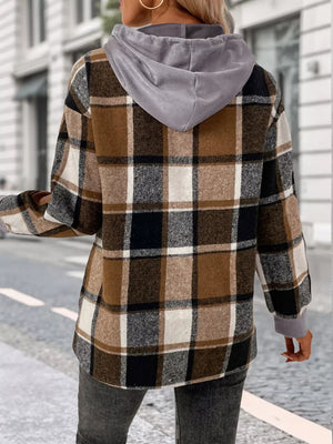 Plaid Drawstring Long Sleeve Hoodie - Makw Official Site
