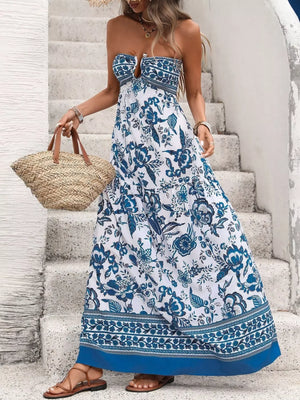 Floral Print Strapless Maxi Dress - Makw Official Site